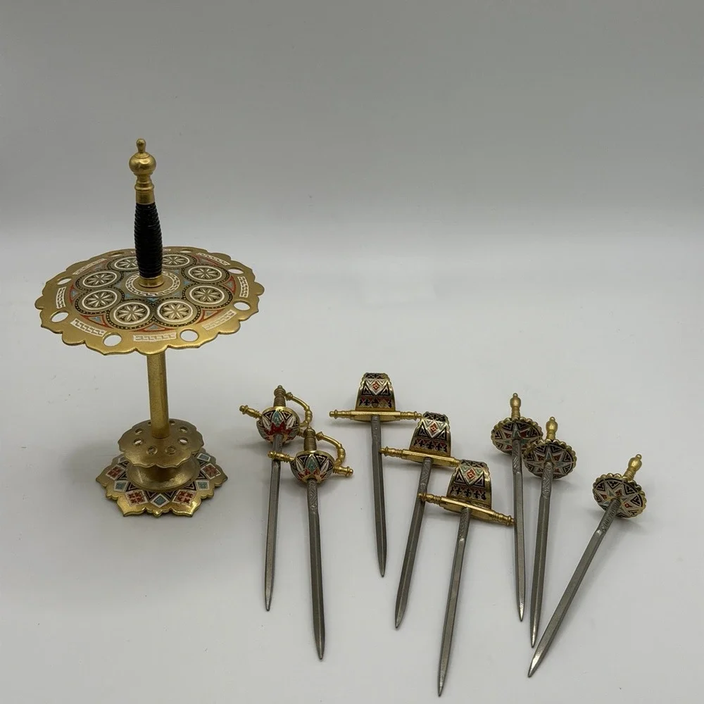 Vintage Toledo Sword Cocktail Toothpick Stand w/ 8 Swords Vintage Gold Spain